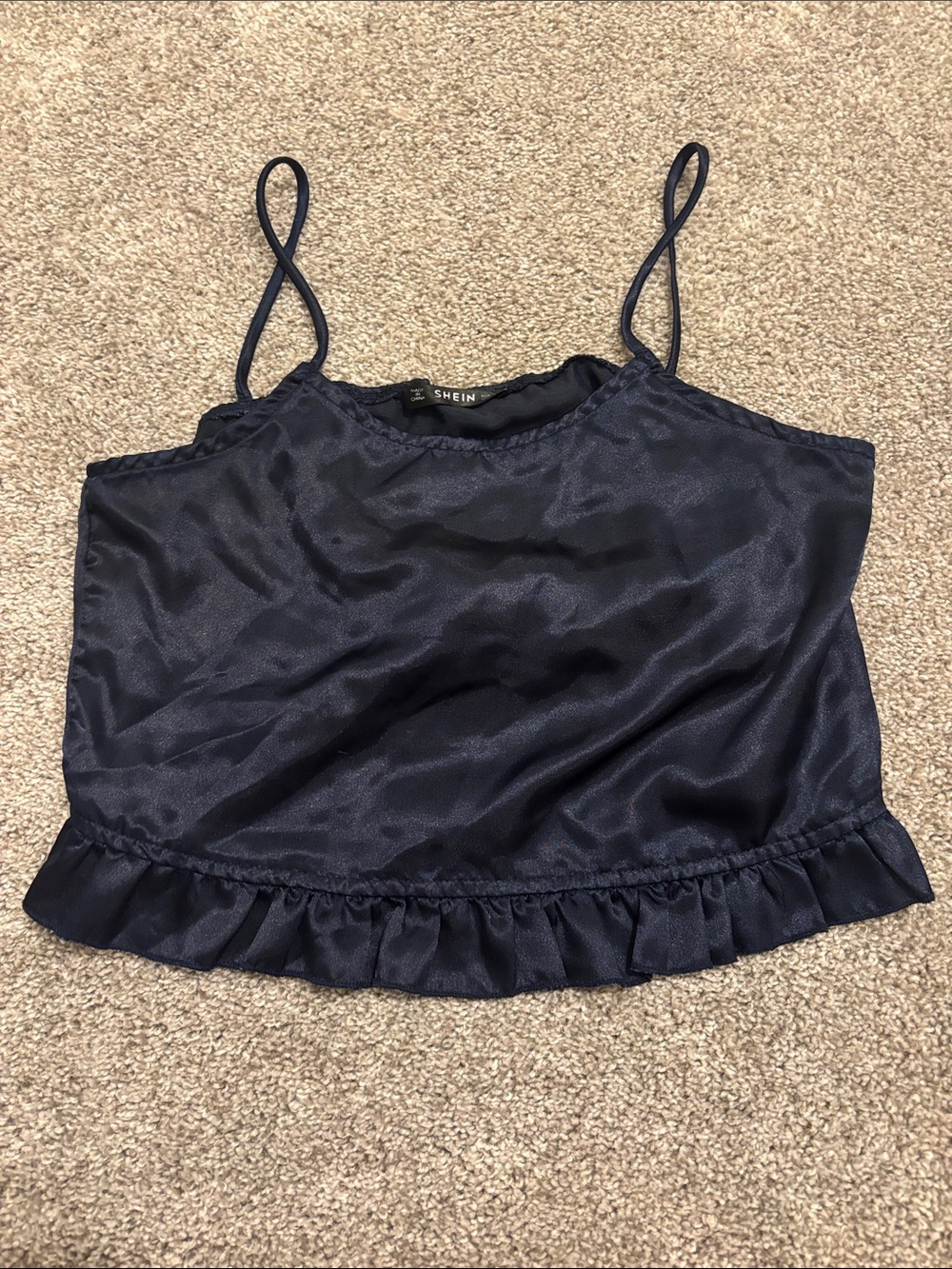 Navy Satin Ruffle Cami & Short Pajama Set - Picture 2 of 7
